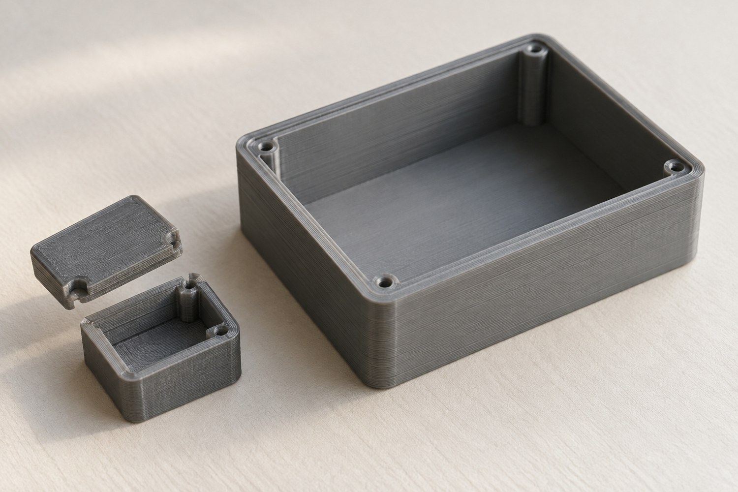 Illustration: A small printed enclosure corner fit-test sample and a lid corner carefully aligned, beside a complete larger rectangular empty enclosure on ivory paper