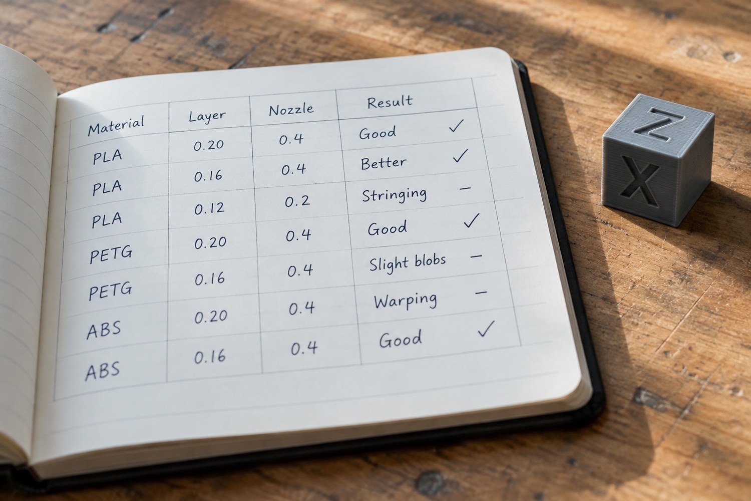 Illustration: Close-up of an open workshop logbook with a ruled table and headings 'Material', 'Layer', 'Nozzle', 'Result', rows of short handwritten notes and check marks, beside ONE small grey printed test cube