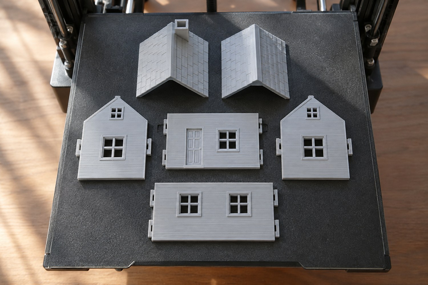 Illustration: A single simple miniature house kit separated into its four disconnected wall panels and roof pieces, each placed separately on a 3D printer build plate