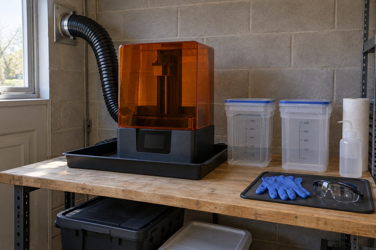 Illustration: A dedicated resin-printing workstation in an unoccupied utility room, covered resin printer, sealed wash containers, spill tray, gloves and eye protection stored neatly, visible exhaust duct to outside, no food or living-room furnishing