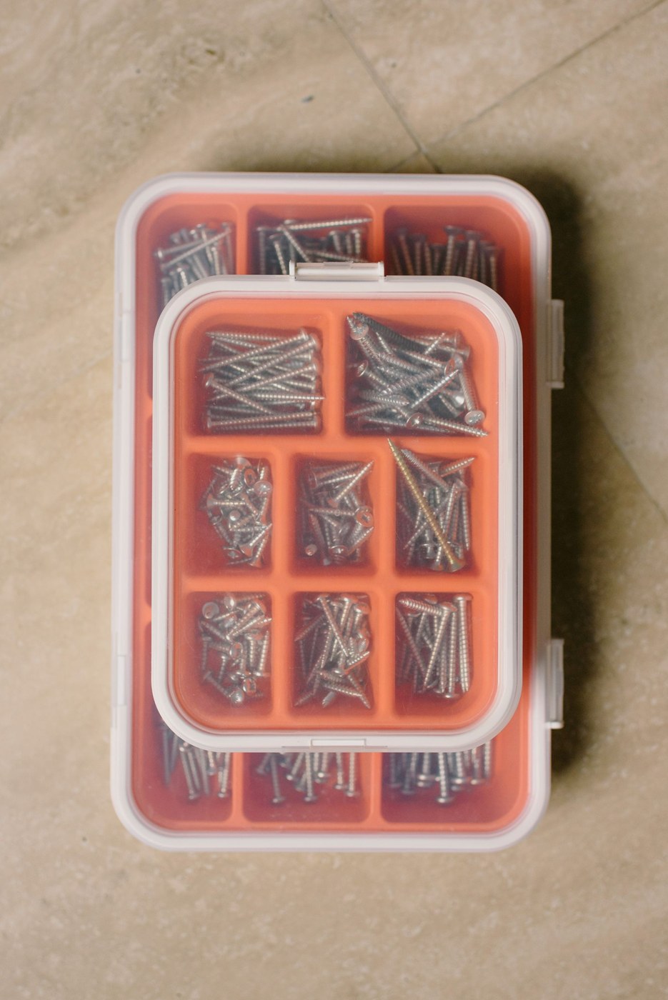 Small metal fasteners separated into a compartment organiser