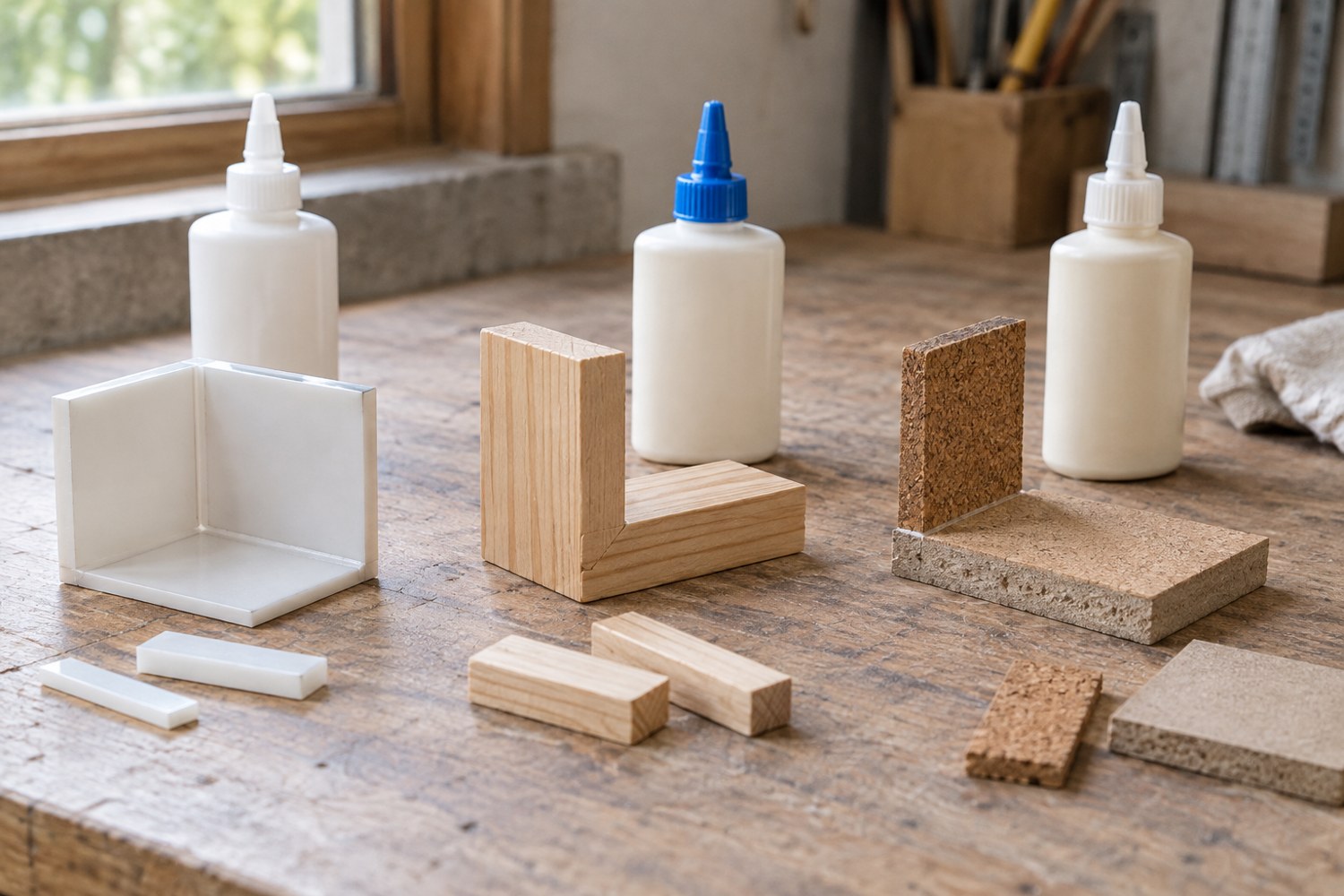 Illustration: Three small material test joints on a craft bench: plastic-to-plastic, wood-to-wood and cork-to-board, with three plain closed glue containers nearby and short offcuts