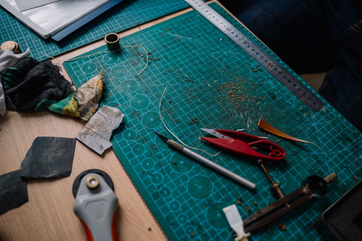 Cutting mat with ruler and craft tools