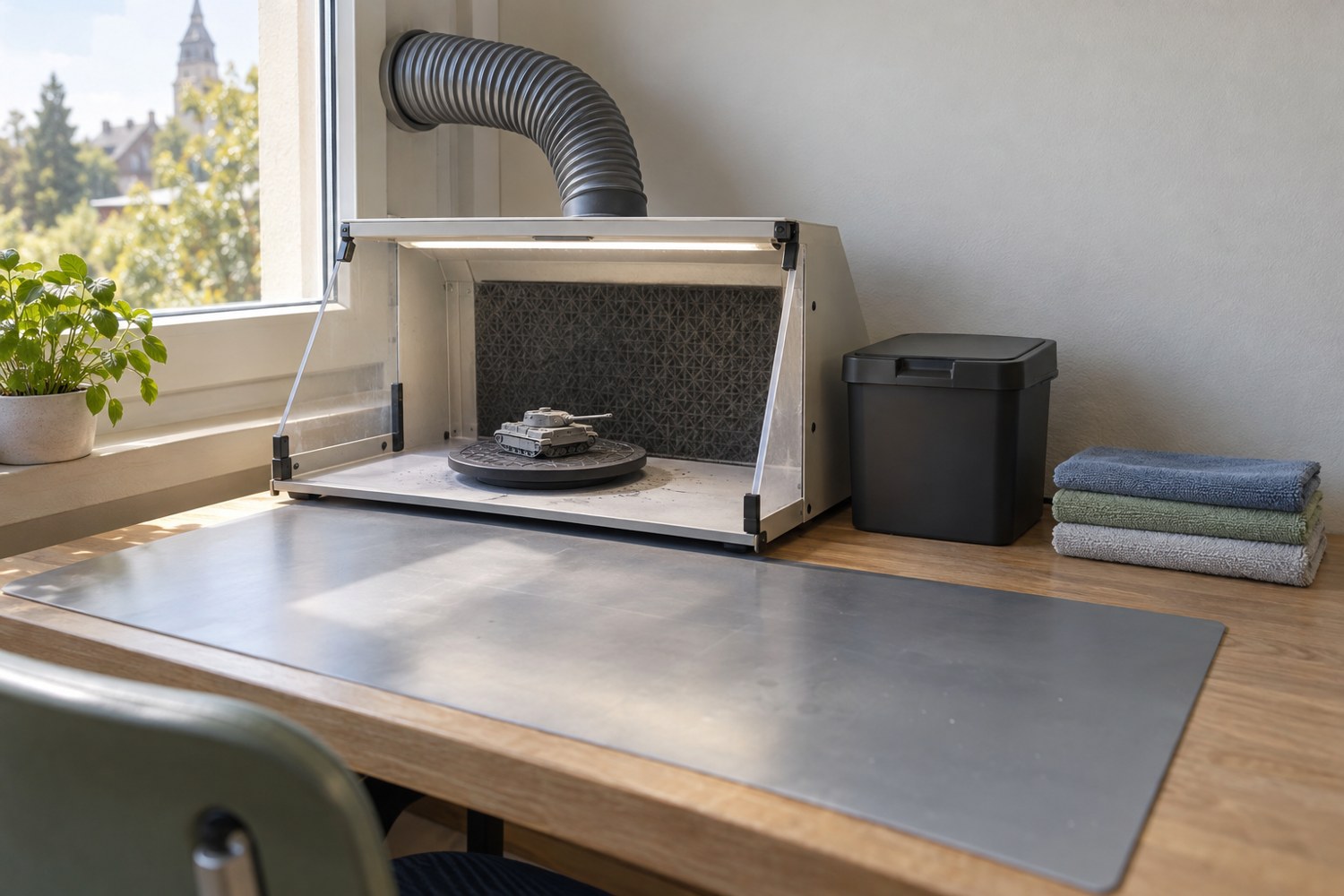 Illustration: A model-making bench near a window with a visible extraction hose connected to a small enclosed work area, wipeable surface, closed waste container and neatly stored cleaning cloths