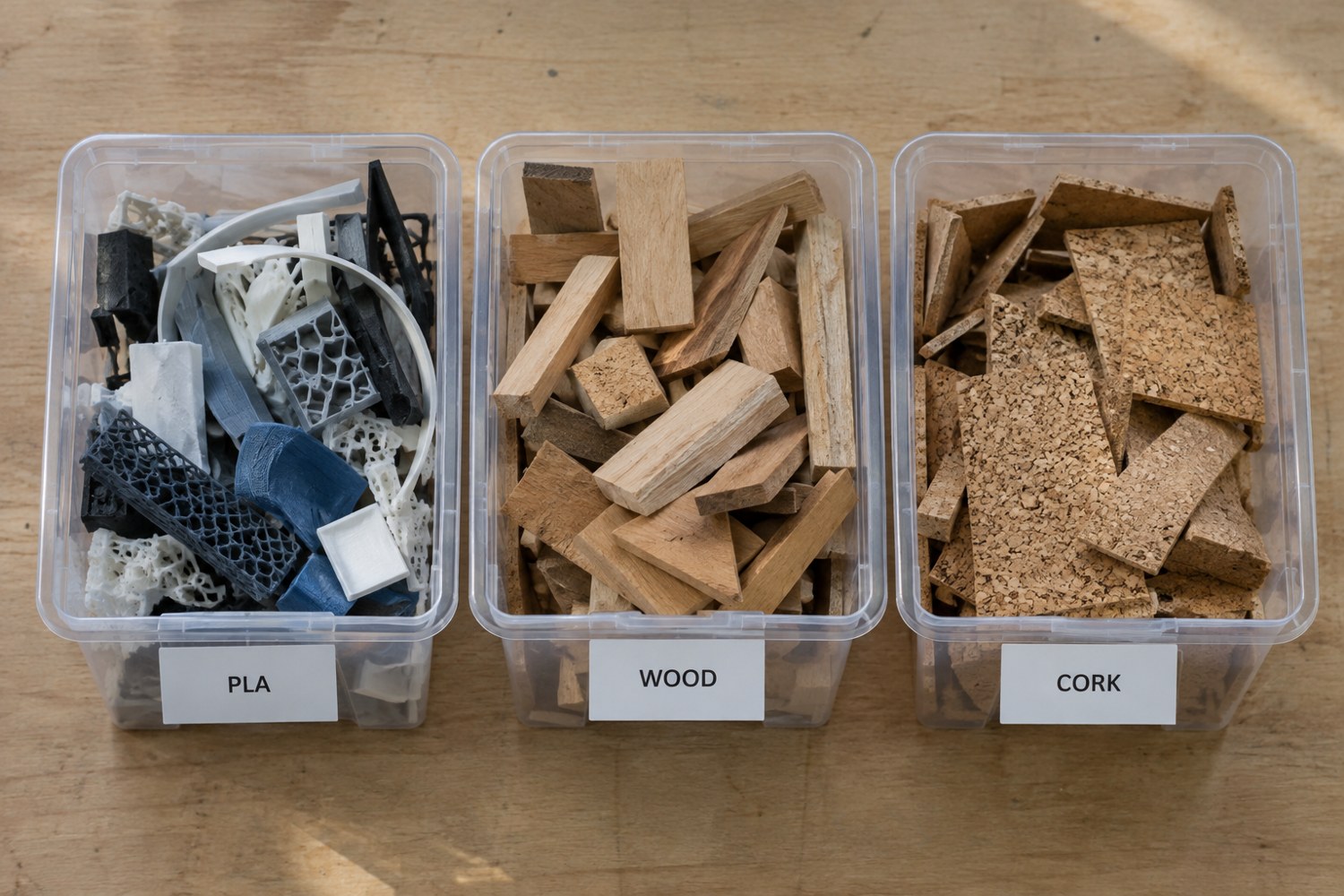 Illustration: Three clear project boxes containing different material offcuts, with visible simple labels reading only PLA, WOOD, CORK