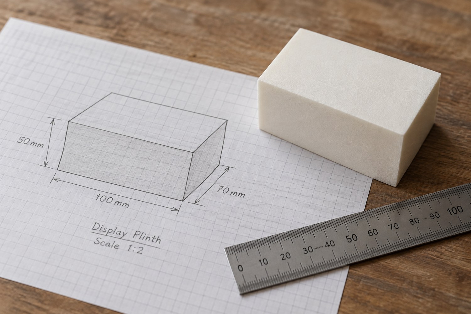 Illustration: A pencil dimension drawing of a small rectangular display plinth on squared paper, simple arrows around width depth and height, with a plain matching foam block and ruler beside it