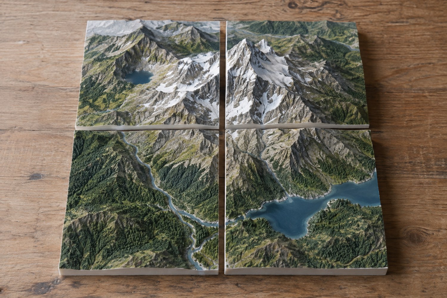 Illustration: A square mountain landscape model split into four neatly aligned printable tiles, pulled slightly apart so seams visible, on a workbench viewed overhead