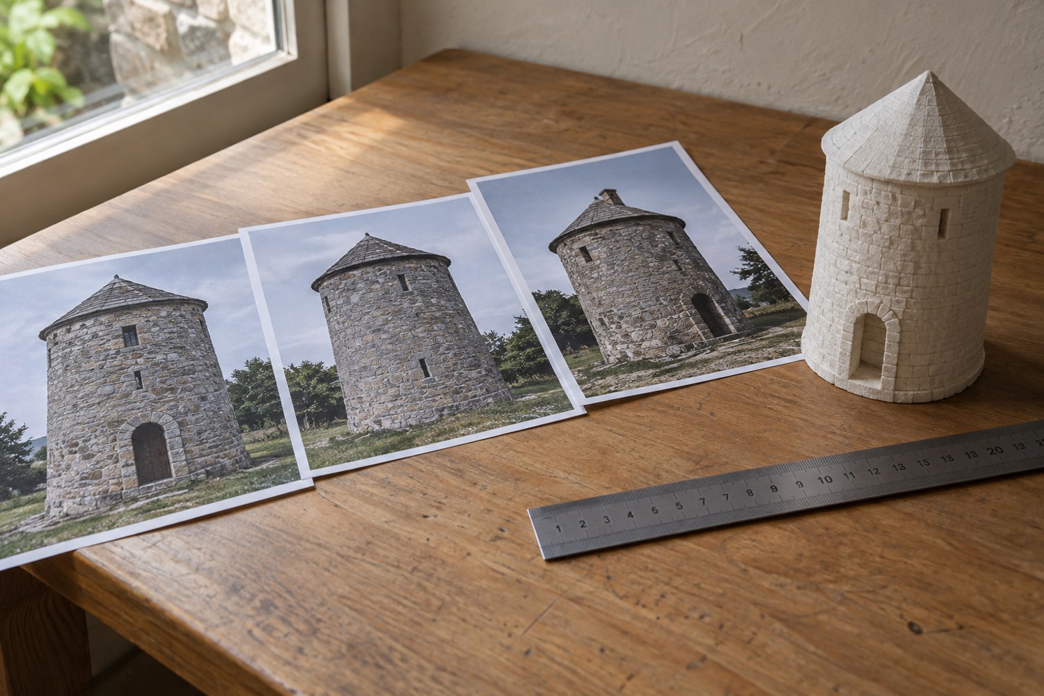 Illustration: Three reference photographs of one small stone tower laid on a desk: straight front view, side view and a perspective view, with a neutral rough foam model of that tower nearby and a ruler