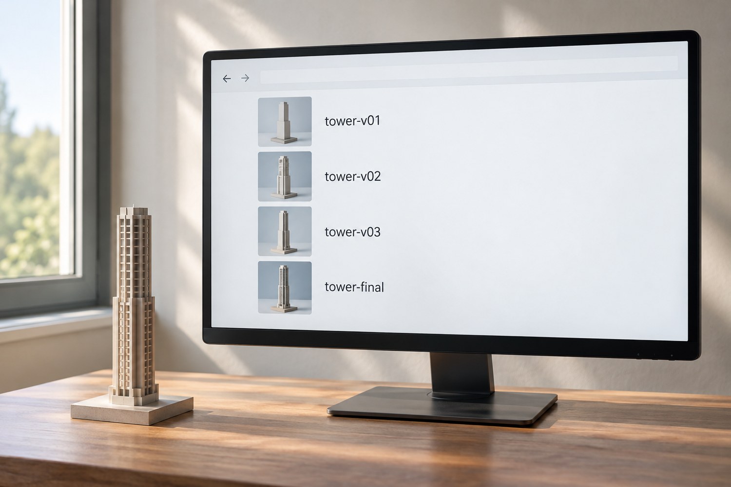Illustration: Computer monitor showing a clean folder list with four readable file names 'tower-v01', 'tower-v02', 'tower-v03', 'tower-final' and small thumbnails of progressively changed simple tower models