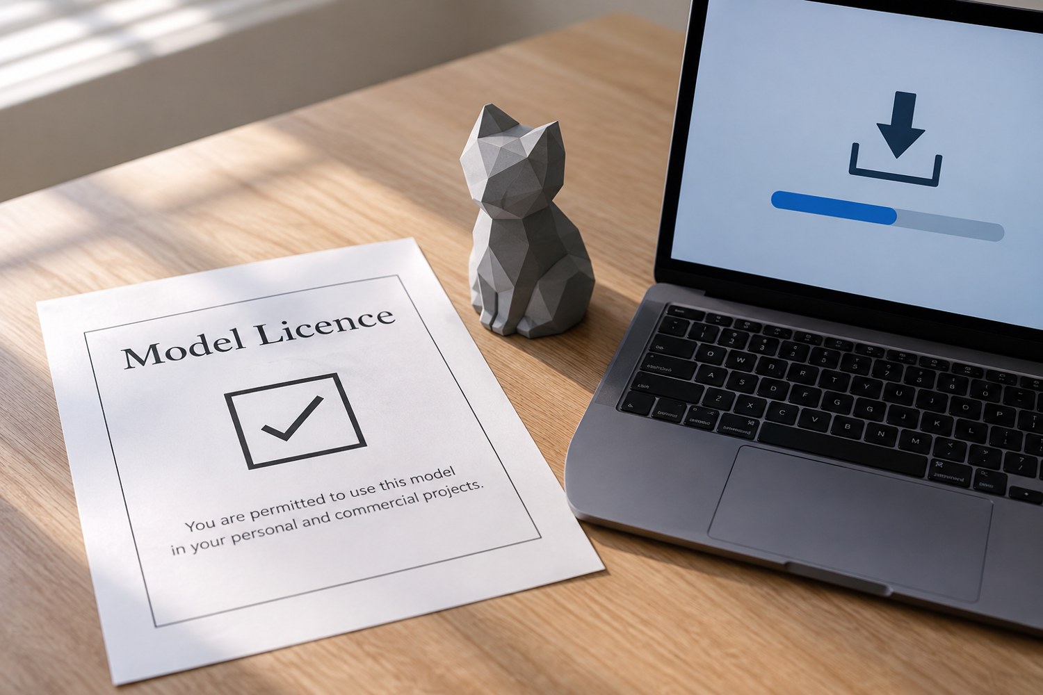 Illustration: A printed model licence sheet with a large simple permission check-box graphic lies beside a small grey original geometric model and laptop showing a download icon