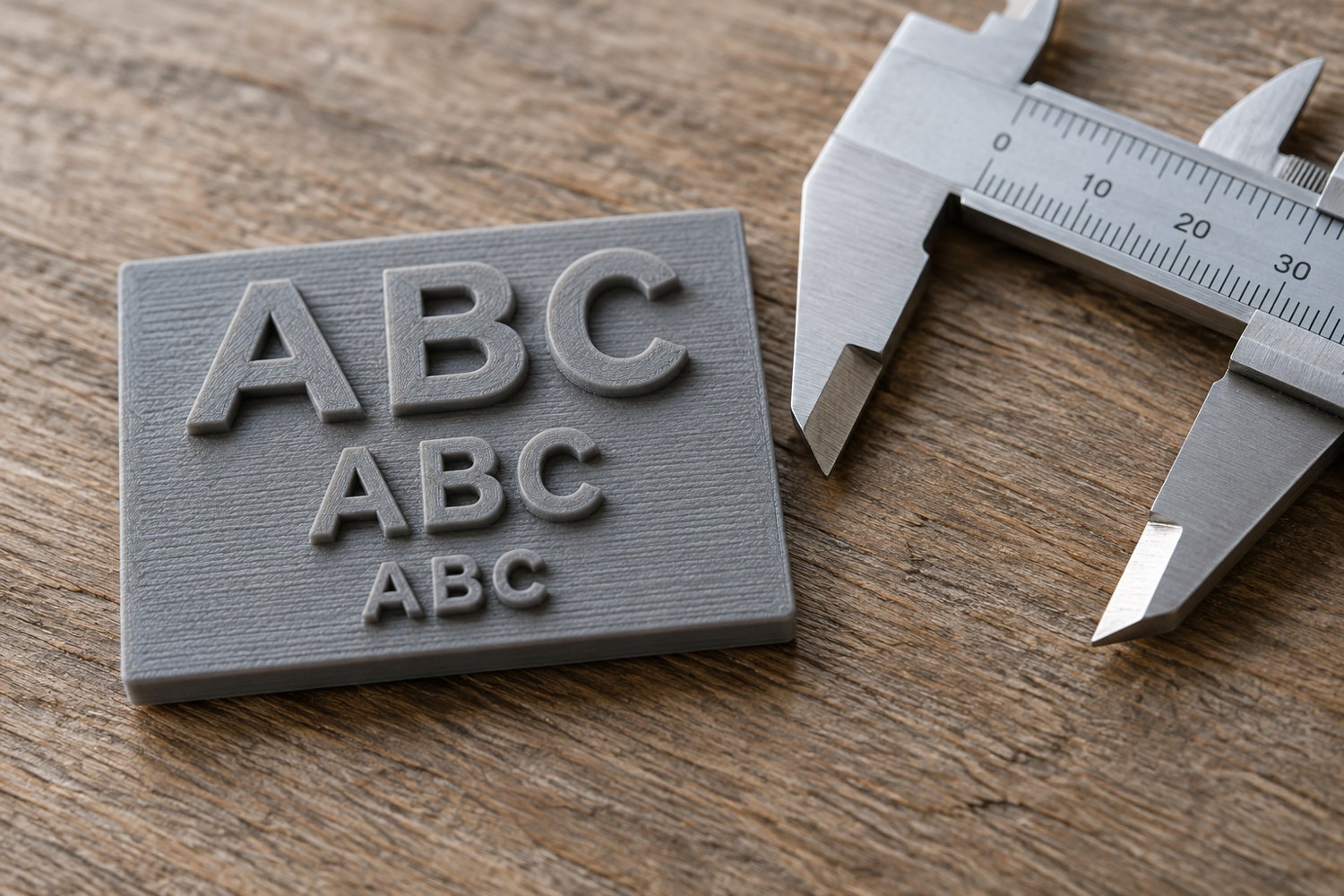 Illustration: Macro photo of a flat grey 3D-printed rectangular text test coupon with three rows of raised simple letters 'ABC', in clearly different letter sizes, plus a caliper nearby