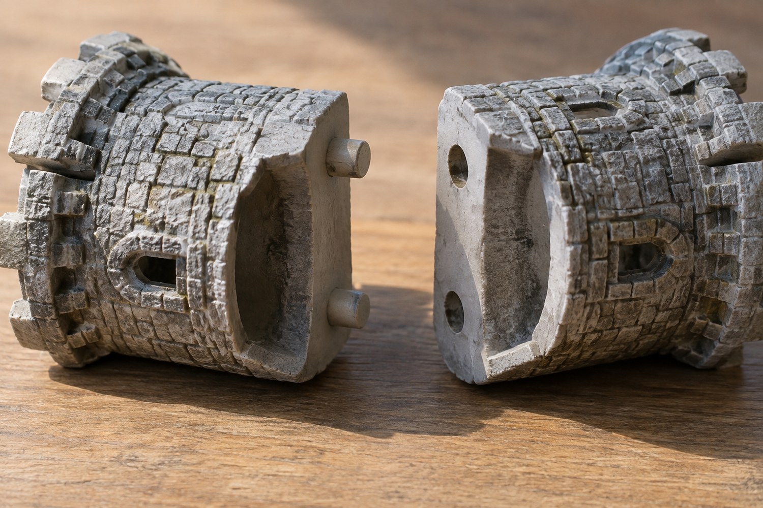 Illustration: Two halves of a small printed stone tower model laid apart horizontally, showing two small round locating pins on one joining face and matching holes on the other