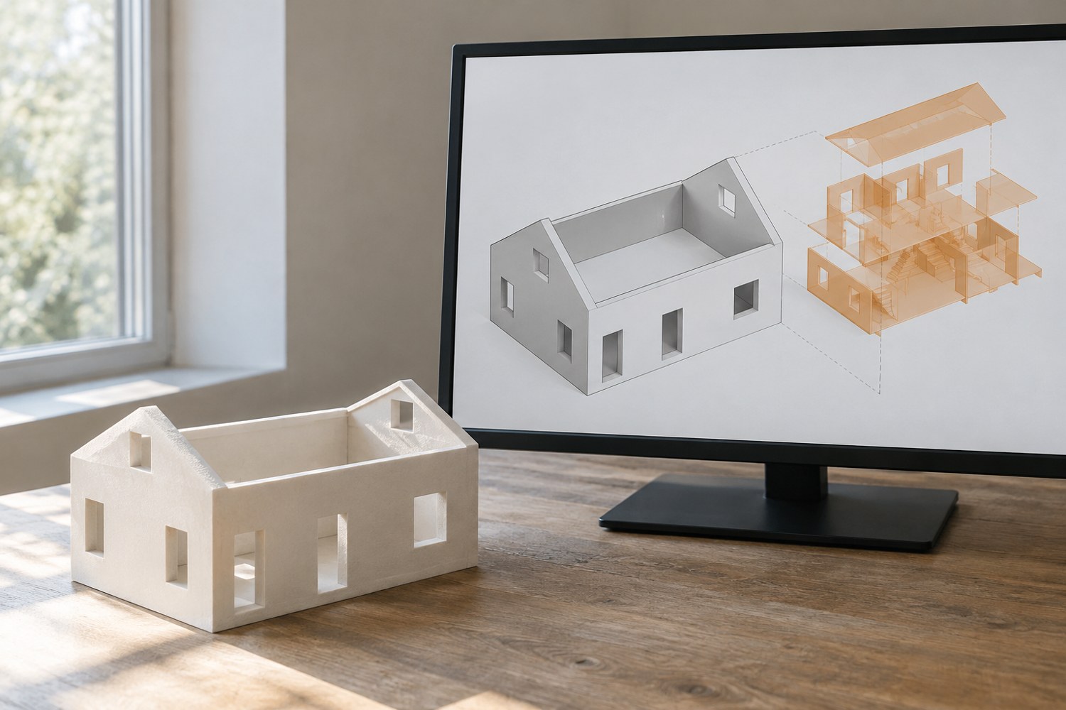 Illustration: Unbranded modelling display showing a simple hollow building shell in cutaway: outer walls retained while complex unnecessary inner geometry is shown separately to the side in faded orange