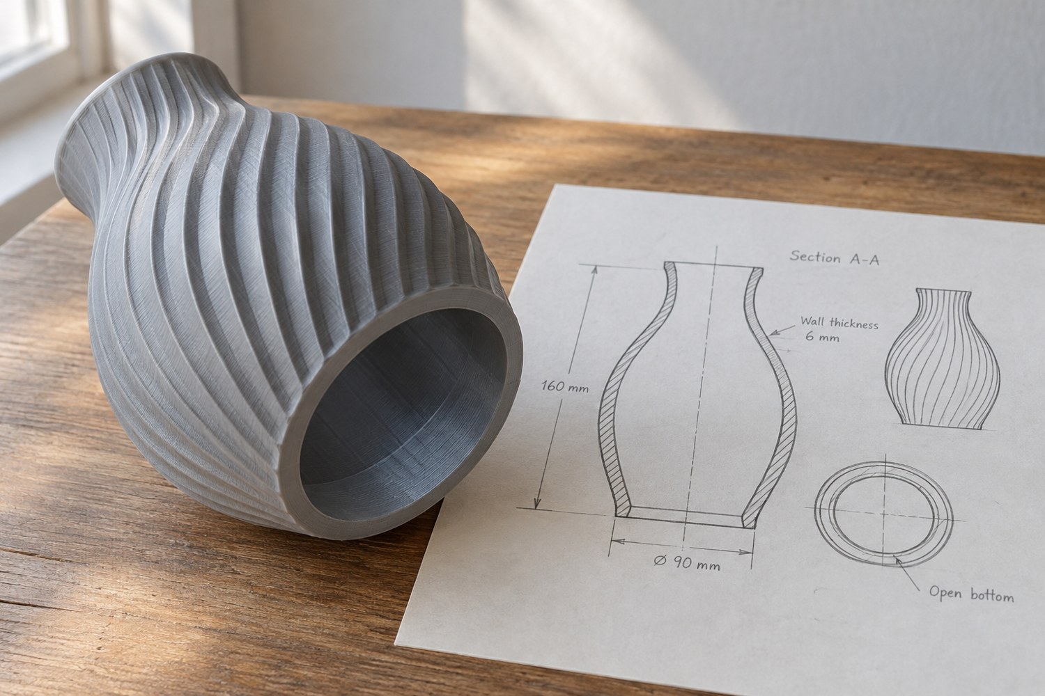 Illustration: A hollow grey 3D-printed vase model tipped on its side to reveal a thick inner wall and open bottom, with an adjacent sectional pencil sketch of the manufacturing plan