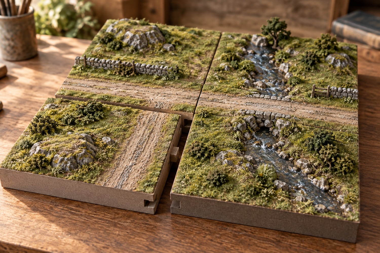Four modular terrain tiles with aligned roads, a stream and visible matching edges