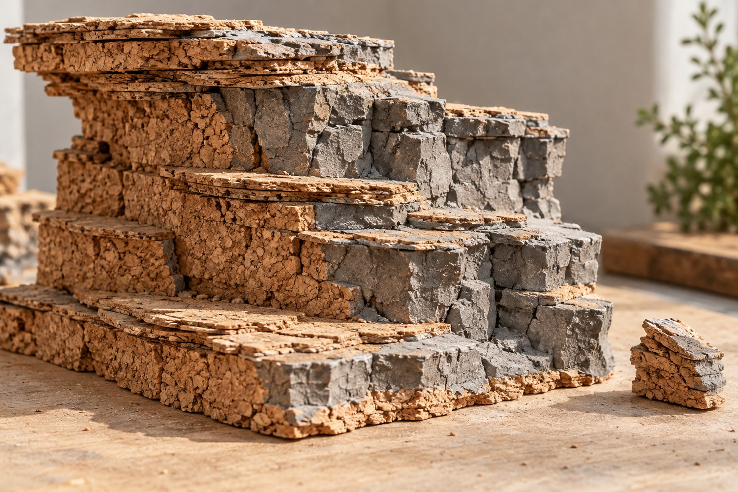 Layered cork fragments forming a miniature rock cliff with a spare raw cork piece
