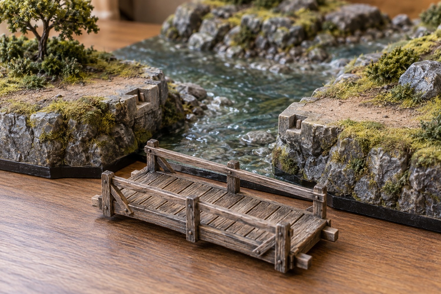 Detached miniature footbridge beside the matching landing points on two riverbanks