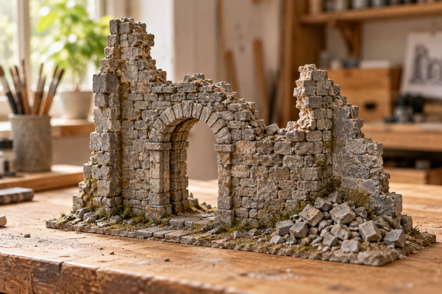 Miniature ruined stone wall with an intact doorway, visible wall thickness and fallen rubble