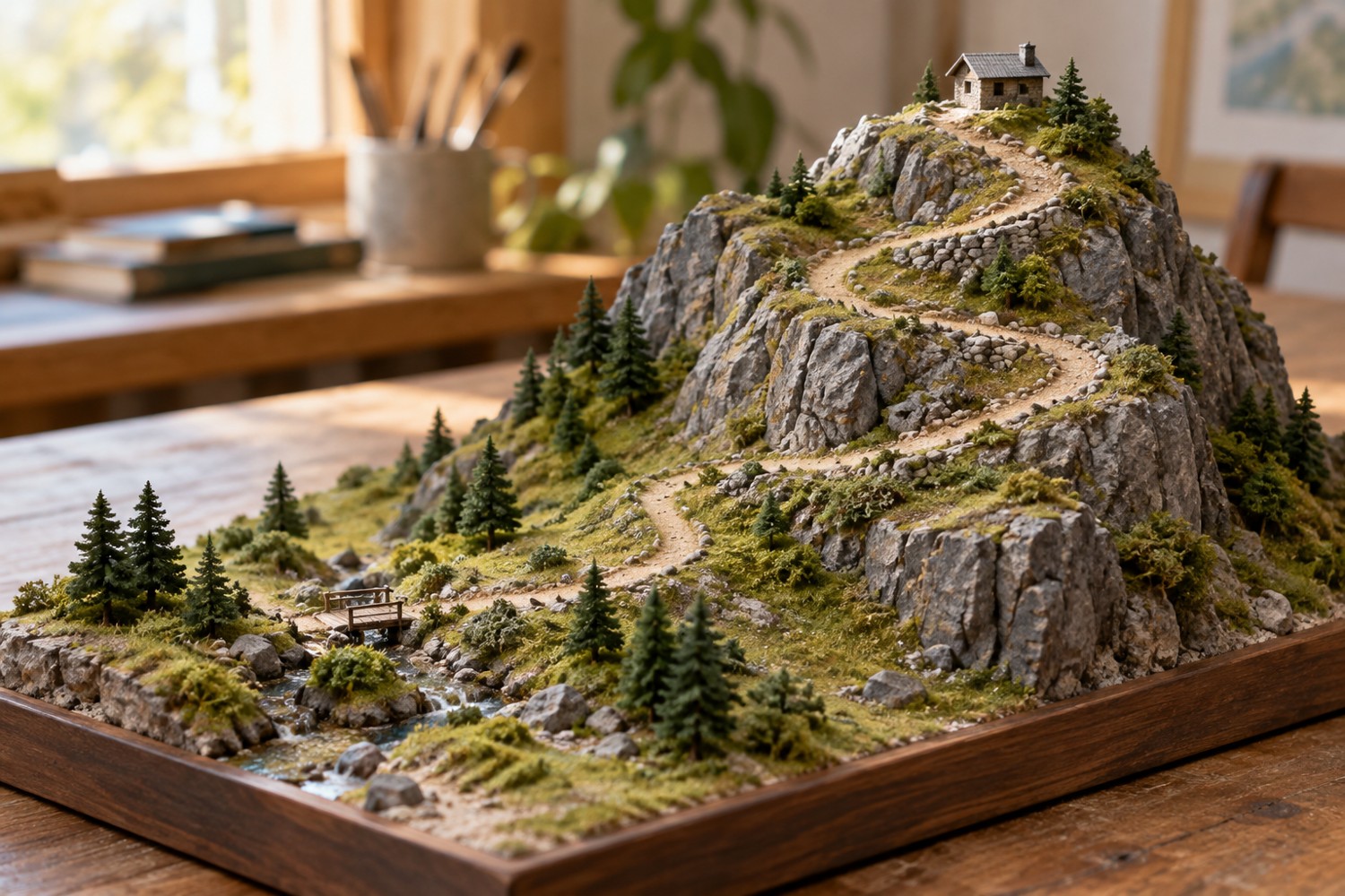 Winding miniature mountain trail connecting a valley path to a summit shelter