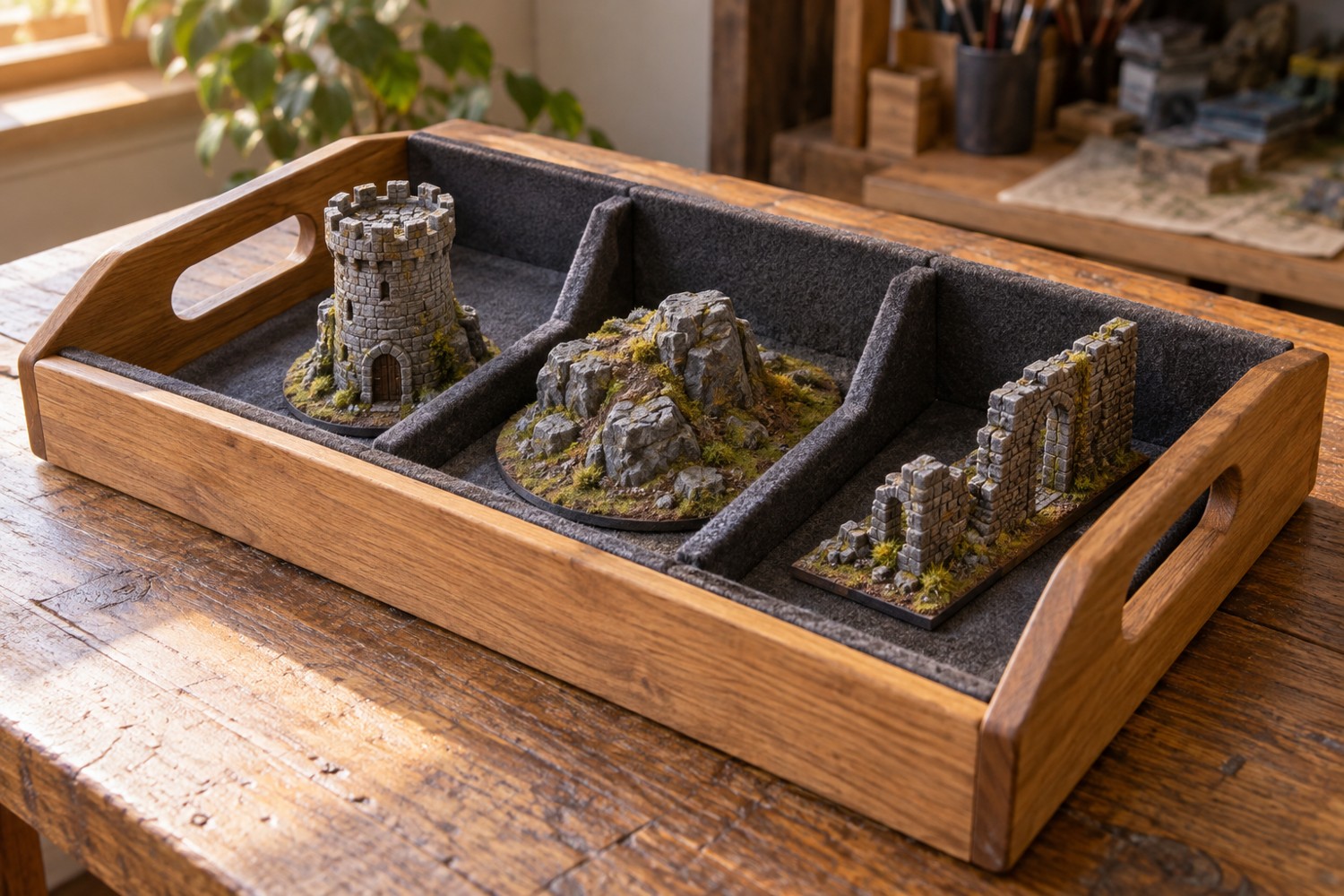 Wooden terrain tray with side handles and compartments supporting miniature bases