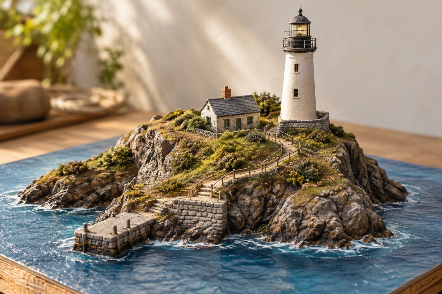 Island lighthouse diorama with rocky headland, landing quay and winding approach path