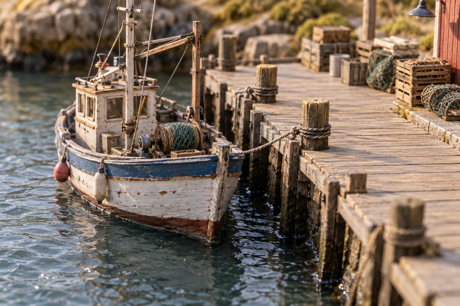 Miniature fishing boat beside a dock with a clear walkway and grouped cargo