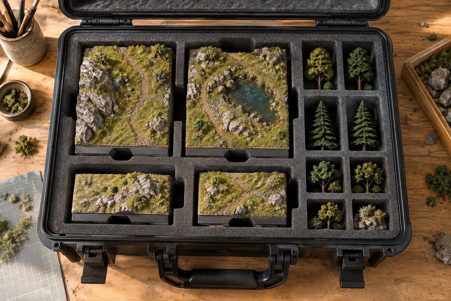 Terrain transport case with supported tiles and separately packed miniature trees