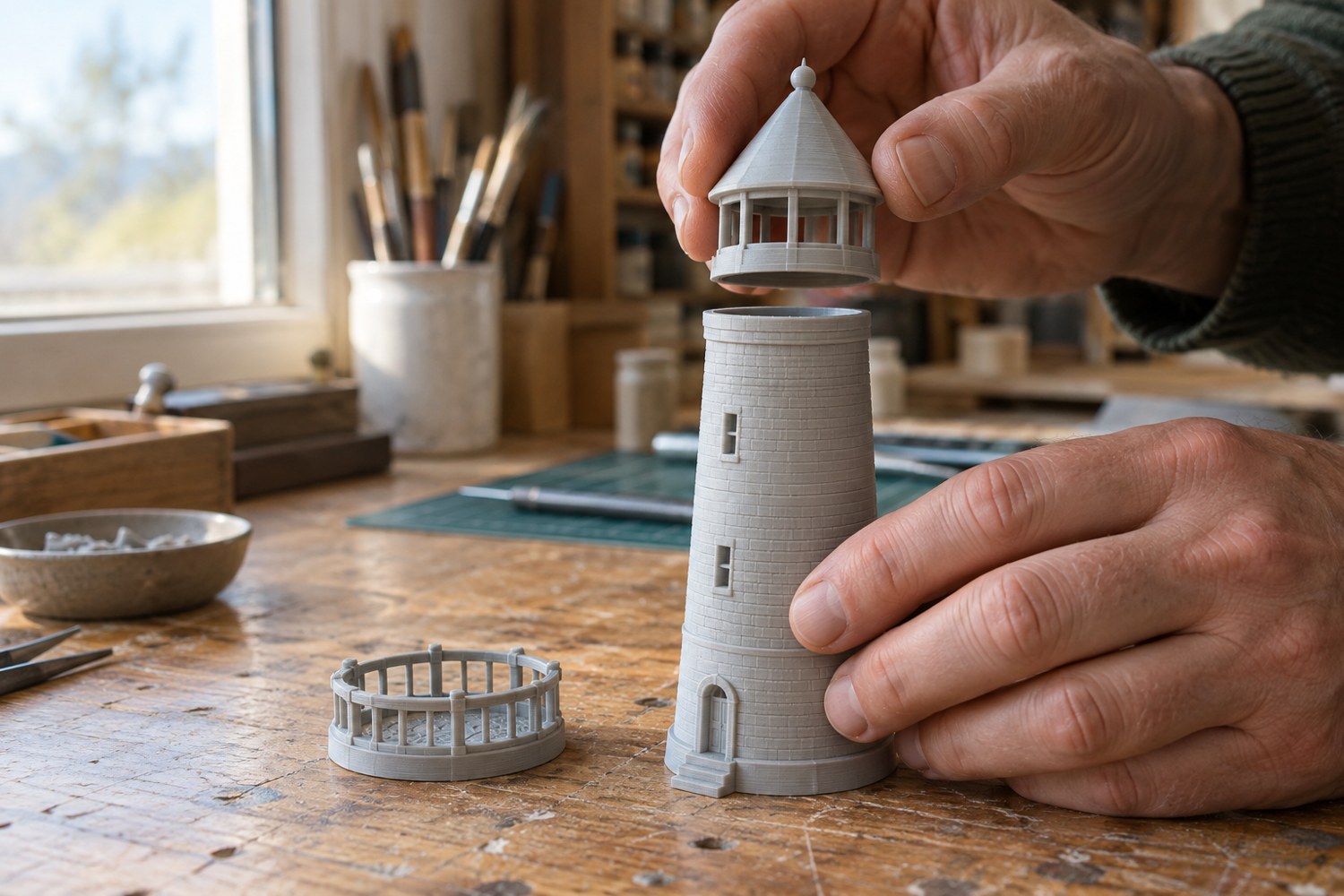 Hands dry-fitting the upper section of a pale grey miniature lighthouse