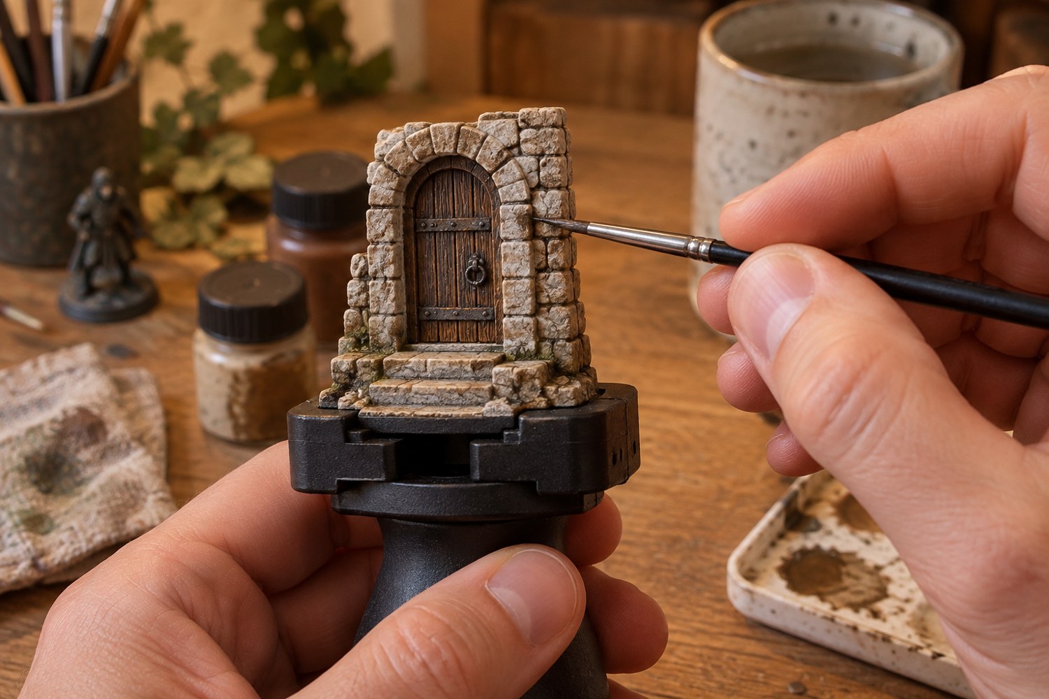 A pointed brush applying a dark wash to the recesses of a miniature stone doorway