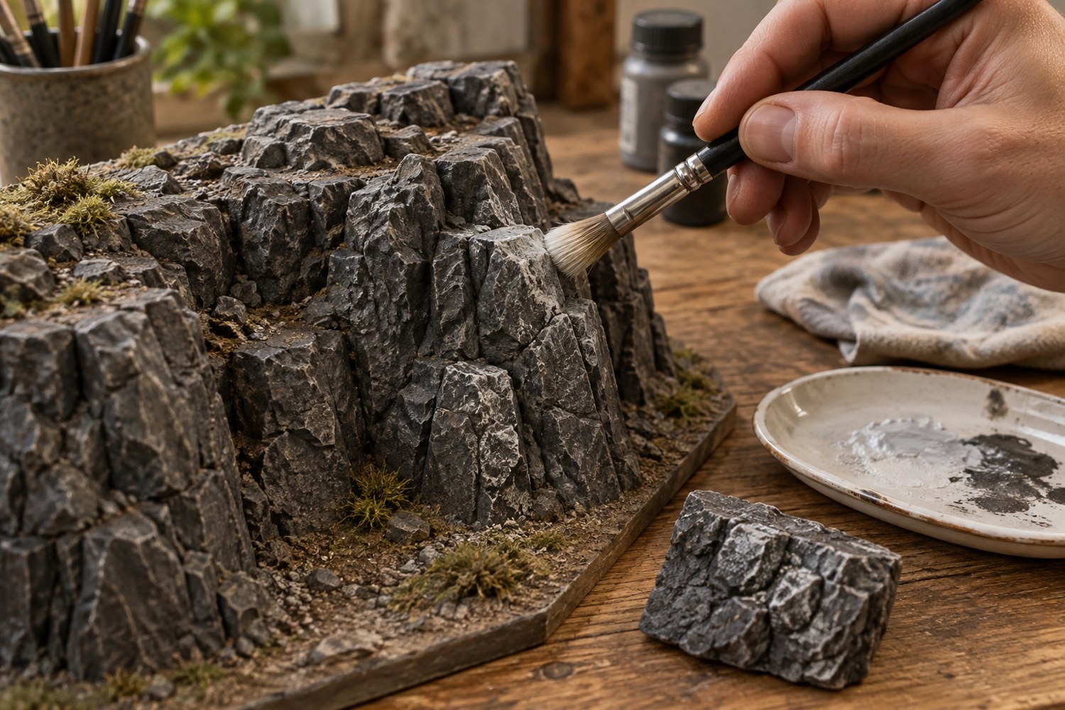 A broad brush highlighting raised stone texture beside a small test piece