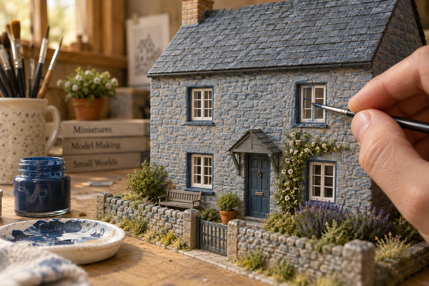 A fine brush painting an inset window on a miniature cottage facade