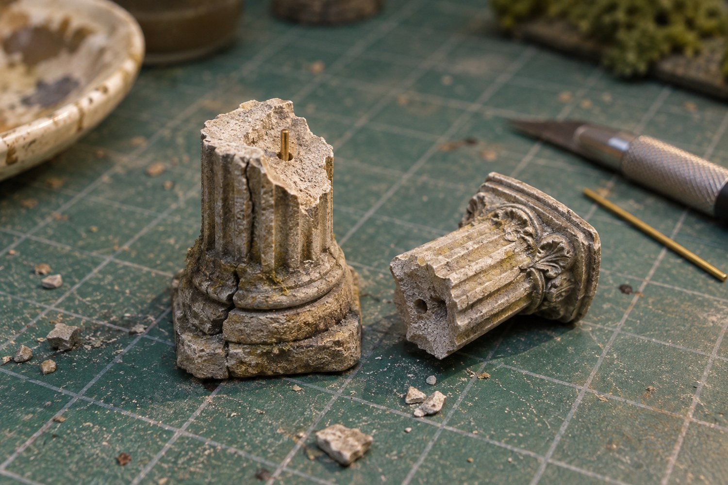 A broken miniature pillar prepared for repair with a small locating pin