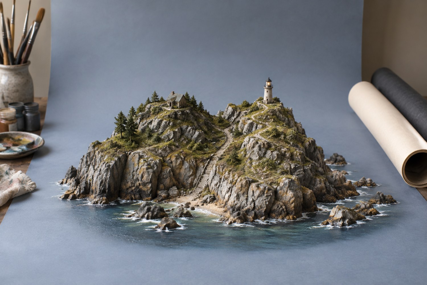A miniature rocky island against a blue-grey backdrop with alternative background rolls