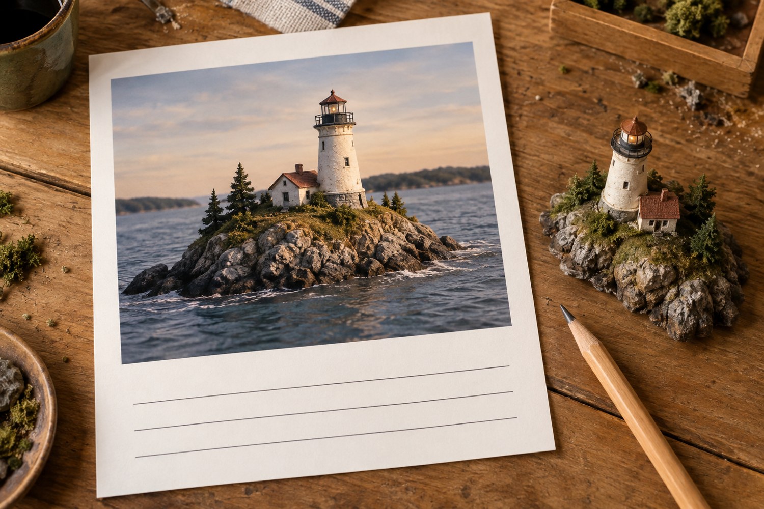 A model photograph on a portfolio page with blank caption lines and a pencil